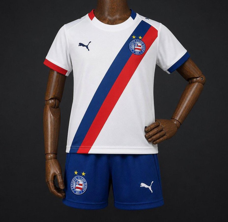 Conjunto infantil principal do Bahia 2026/27, camisola e calções